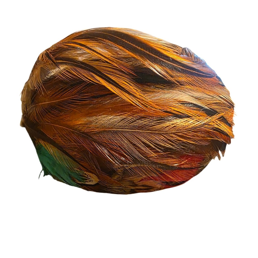 Vintage W Germany Pheasant Feather Pillbox Hat Mid Century Cocktail Brown Teal
